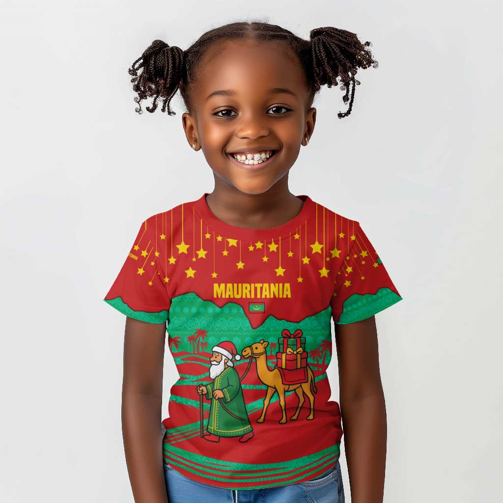 Mauritania Christmas Kid T shirt Santa Claus Camel Gift Boxes Starry Sky and Desert - African Pride