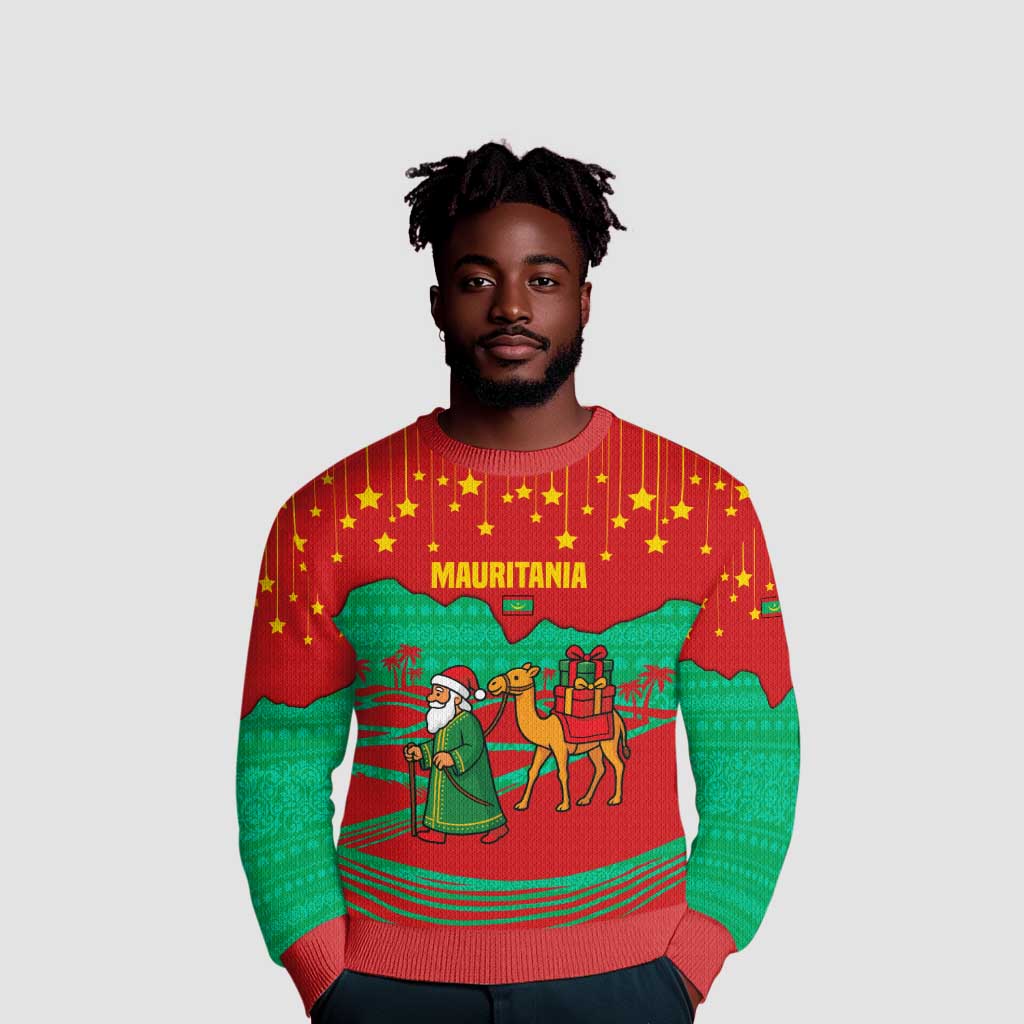 Mauritania Christmas Ugly Christmas Sweater Santa Claus Camel Gift Boxes Starry Sky and Desert - African Pride