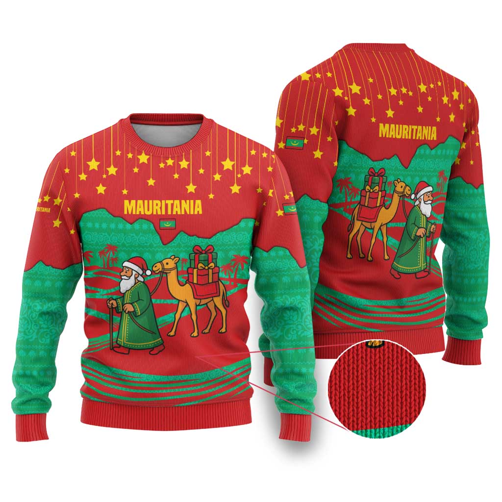 Mauritania Christmas Ugly Christmas Sweater Santa Claus Camel Gift Boxes Starry Sky and Desert - African Pride