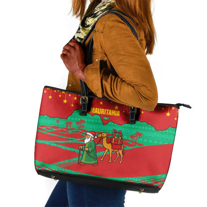 Mauritania Christmas Leather Tote Bag Santa Claus Camel Gift Boxes Starry Sky and Desert - African Pride
