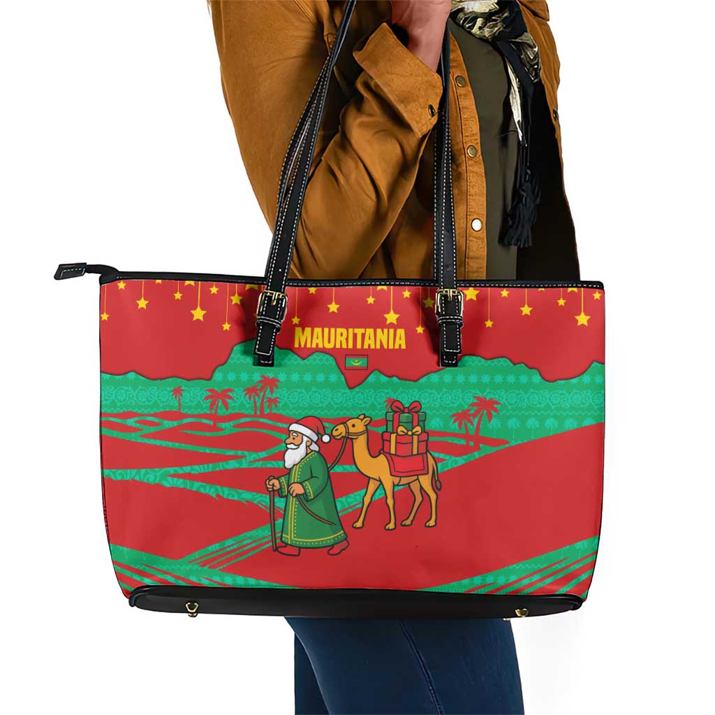 Mauritania Christmas Leather Tote Bag Santa Claus Camel Gift Boxes Starry Sky and Desert - African Pride