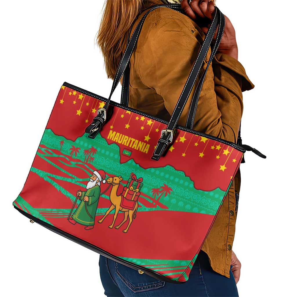 Mauritania Christmas Leather Tote Bag Santa Claus Camel Gift Boxes Starry Sky and Desert - African Pride