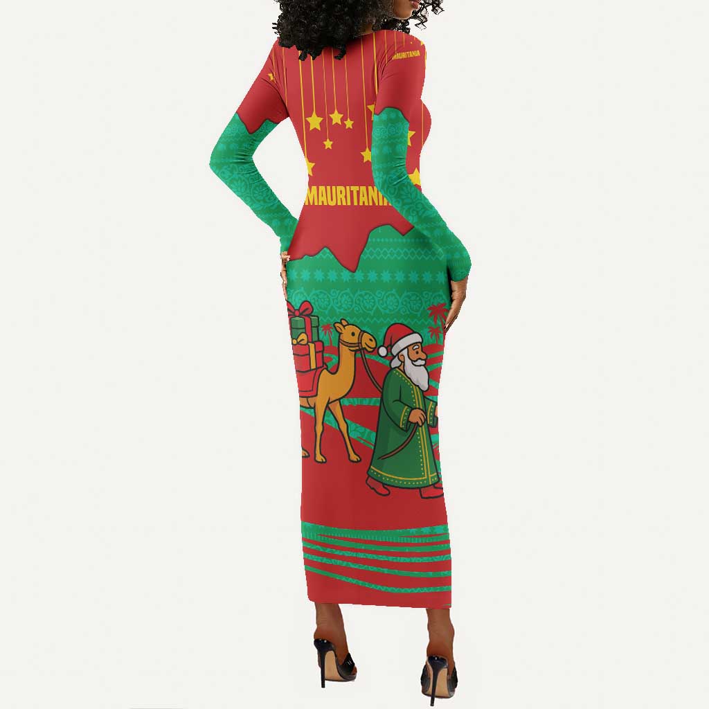 Mauritania Christmas Long Sleeve Bodycon Dress Santa Claus Camel Gift Boxes Starry Sky and Desert - African Pride