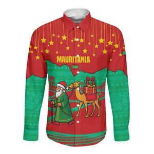 Mauritania Christmas Long Sleeve Button Shirt Santa Claus Camel Gift Boxes Starry Sky and Desert - African Pride