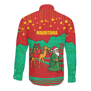 Mauritania Christmas Long Sleeve Button Shirt Santa Claus Camel Gift Boxes Starry Sky and Desert - African Pride