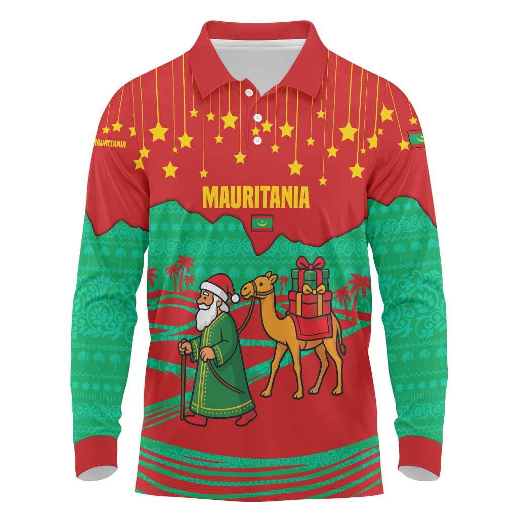 Mauritania Christmas Long Sleeve Polo Shirt Santa Claus Camel Gift Boxes Starry Sky and Desert - African Pride