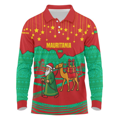 Mauritania Christmas Long Sleeve Polo Shirt Santa Claus Camel Gift Boxes Starry Sky and Desert - African Pride