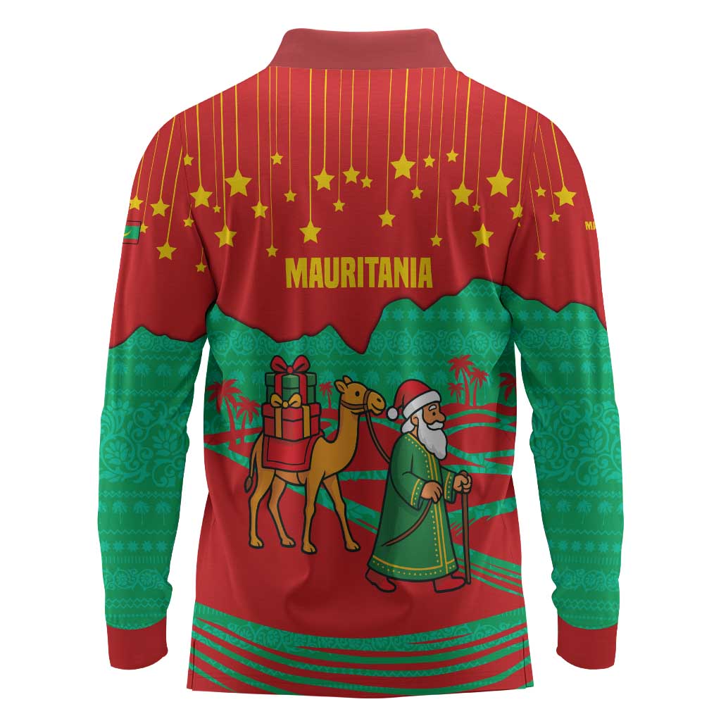 Mauritania Christmas Long Sleeve Polo Shirt Santa Claus Camel Gift Boxes Starry Sky and Desert - African Pride