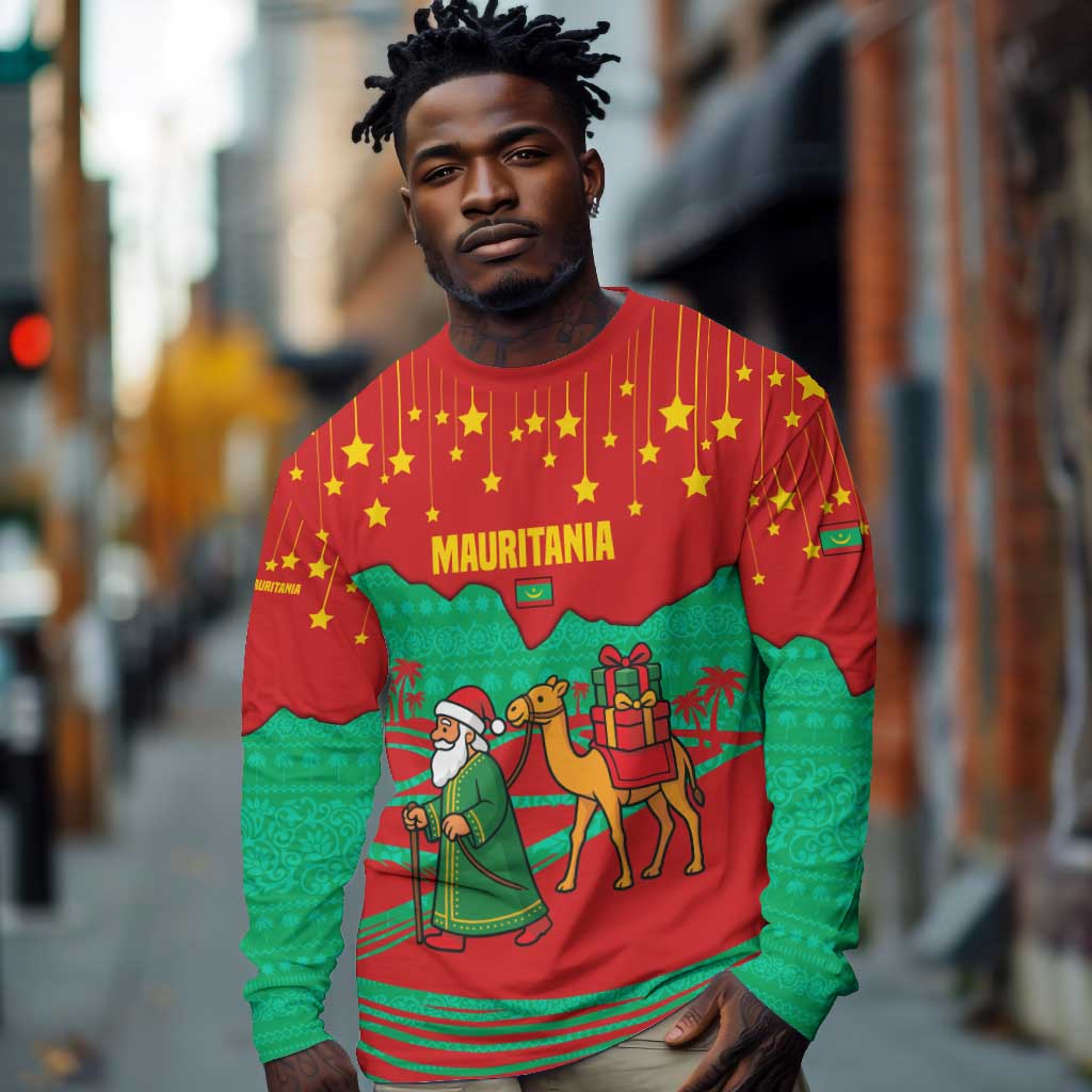 Mauritania Christmas Long Sleeve Shirt Santa Claus Camel Gift Boxes Starry Sky and Desert - African Pride
