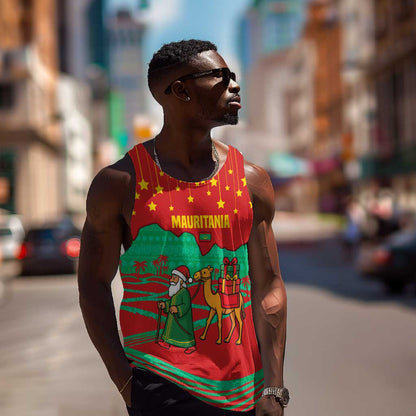 Mauritania Christmas Men Tank Top Santa Claus Camel Gift Boxes Starry Sky and Desert - African Pride