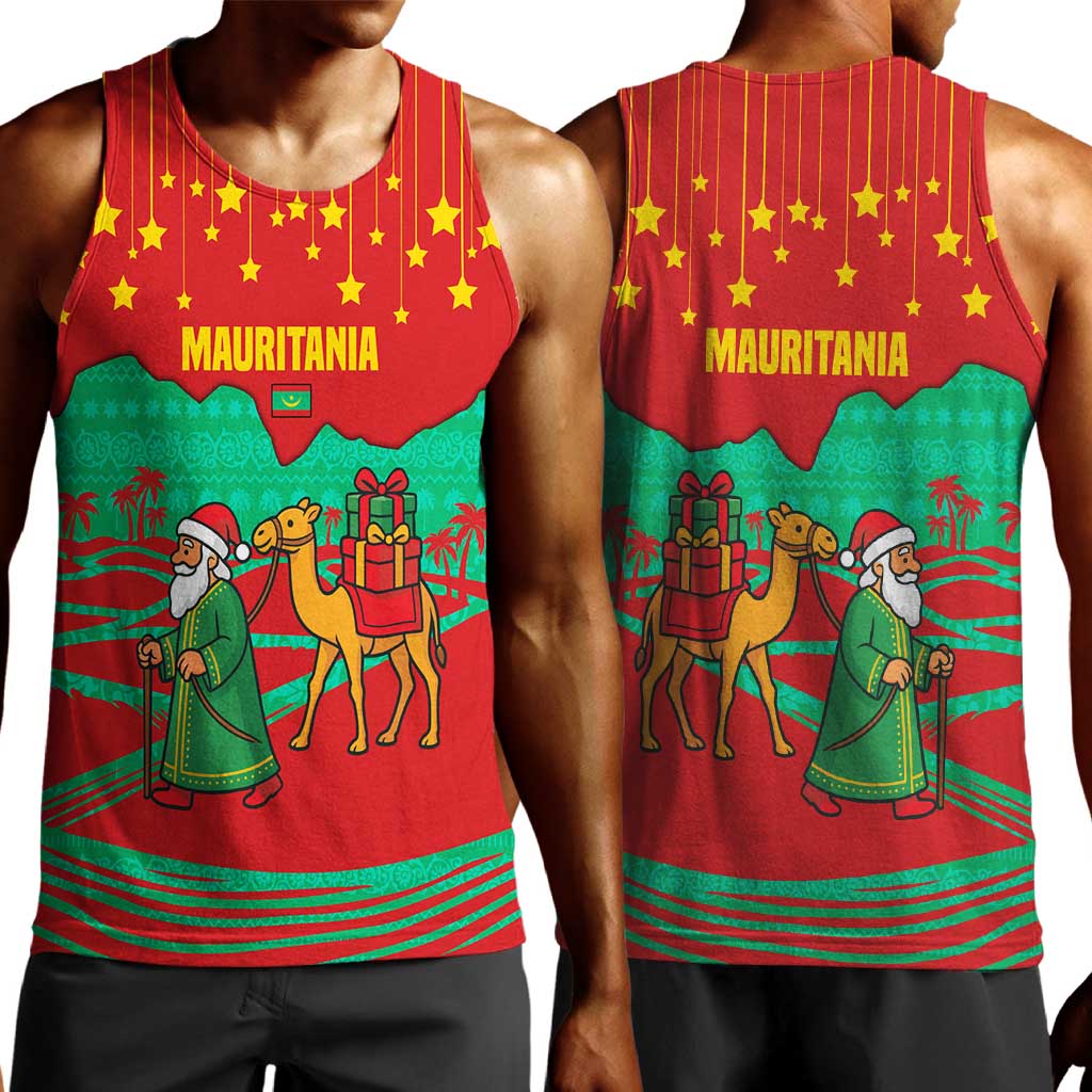 Mauritania Christmas Men Tank Top Santa Claus Camel Gift Boxes Starry Sky and Desert - African Pride