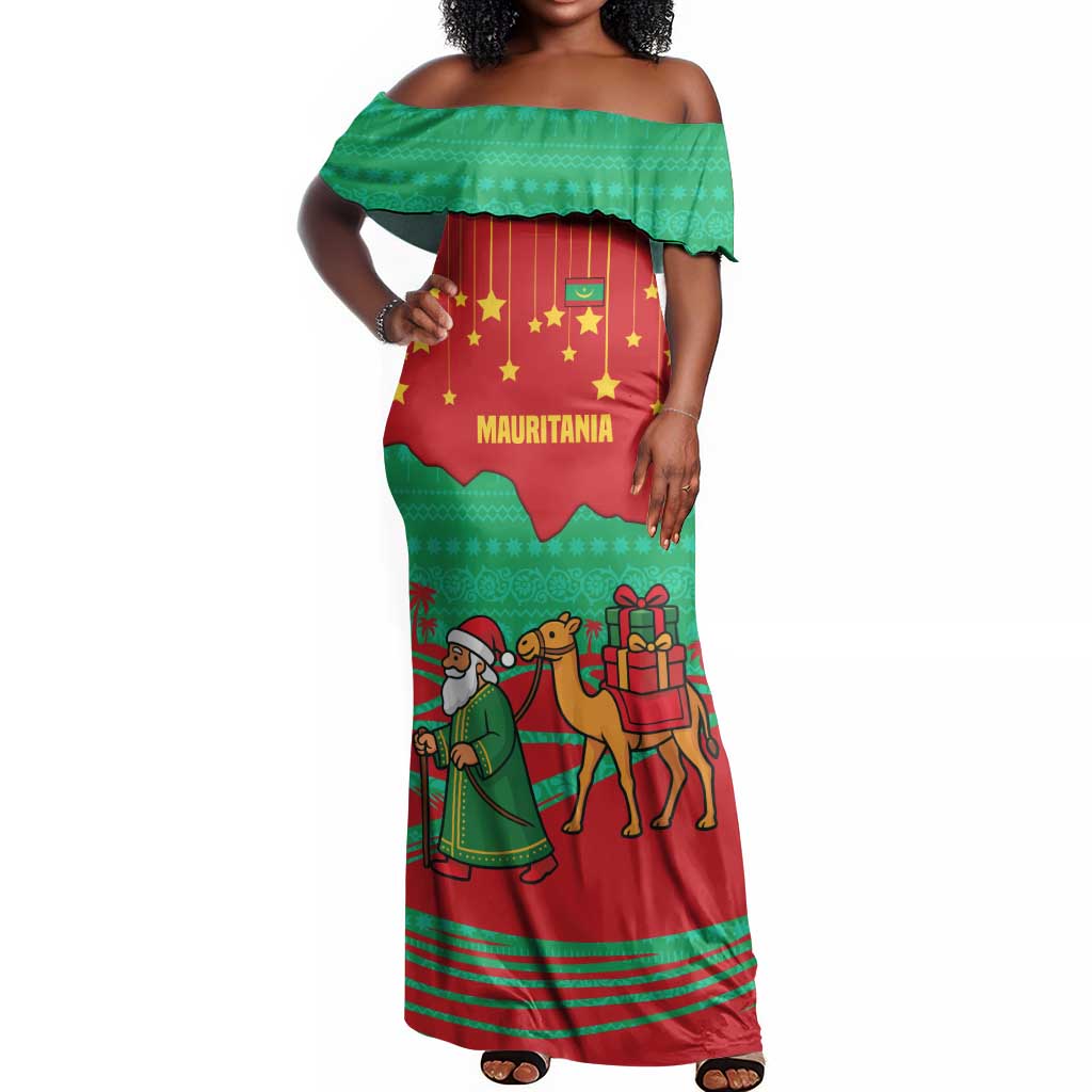 Mauritania Christmas Off Shoulder Maxi Dress Santa Claus Camel Gift Boxes Starry Sky and Desert - African Pride