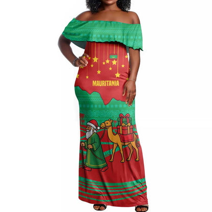 Mauritania Christmas Off Shoulder Maxi Dress Santa Claus Camel Gift Boxes Starry Sky and Desert - African Pride