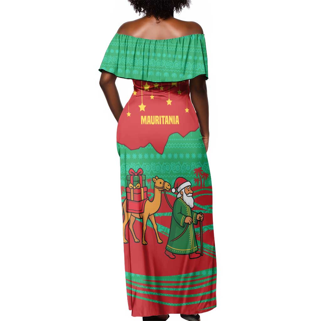 Mauritania Christmas Off Shoulder Maxi Dress Santa Claus Camel Gift Boxes Starry Sky and Desert - African Pride