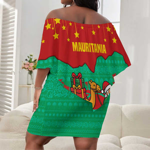 Mauritania Christmas Off Shoulder Short Dress Santa Claus Camel Gift Boxes Starry Sky and Desert - African Pride