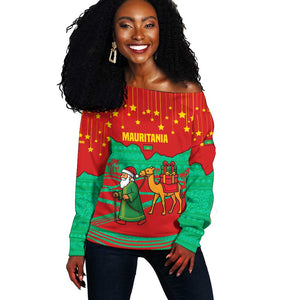 Mauritania Christmas Off Shoulder Sweater Santa Claus Camel Gift Boxes Starry Sky and Desert - African Pride