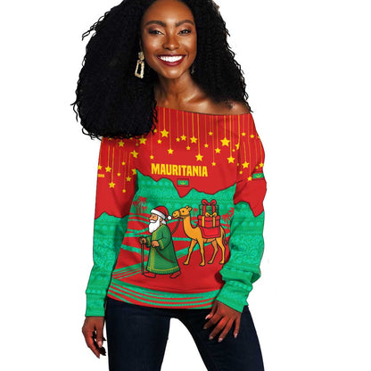 Mauritania Christmas Off Shoulder Sweater Santa Claus Camel Gift Boxes Starry Sky and Desert - African Pride