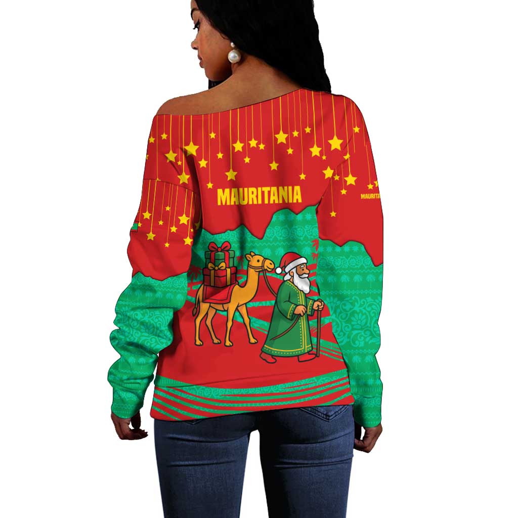 Mauritania Christmas Off Shoulder Sweater Santa Claus Camel Gift Boxes Starry Sky and Desert - African Pride