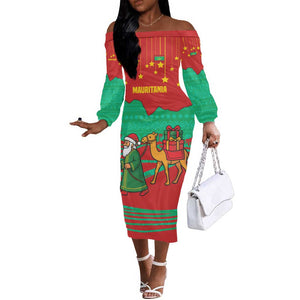 Mauritania Christmas Off The Shoulder Long Sleeve Dress Santa Claus Camel Gift Boxes Starry Sky and Desert - African Pride