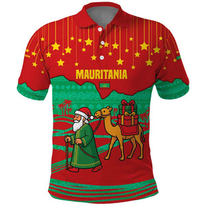 Mauritania Christmas Polo Shirt Santa Claus Camel Gift Boxes Starry Sky and Desert - African Pride