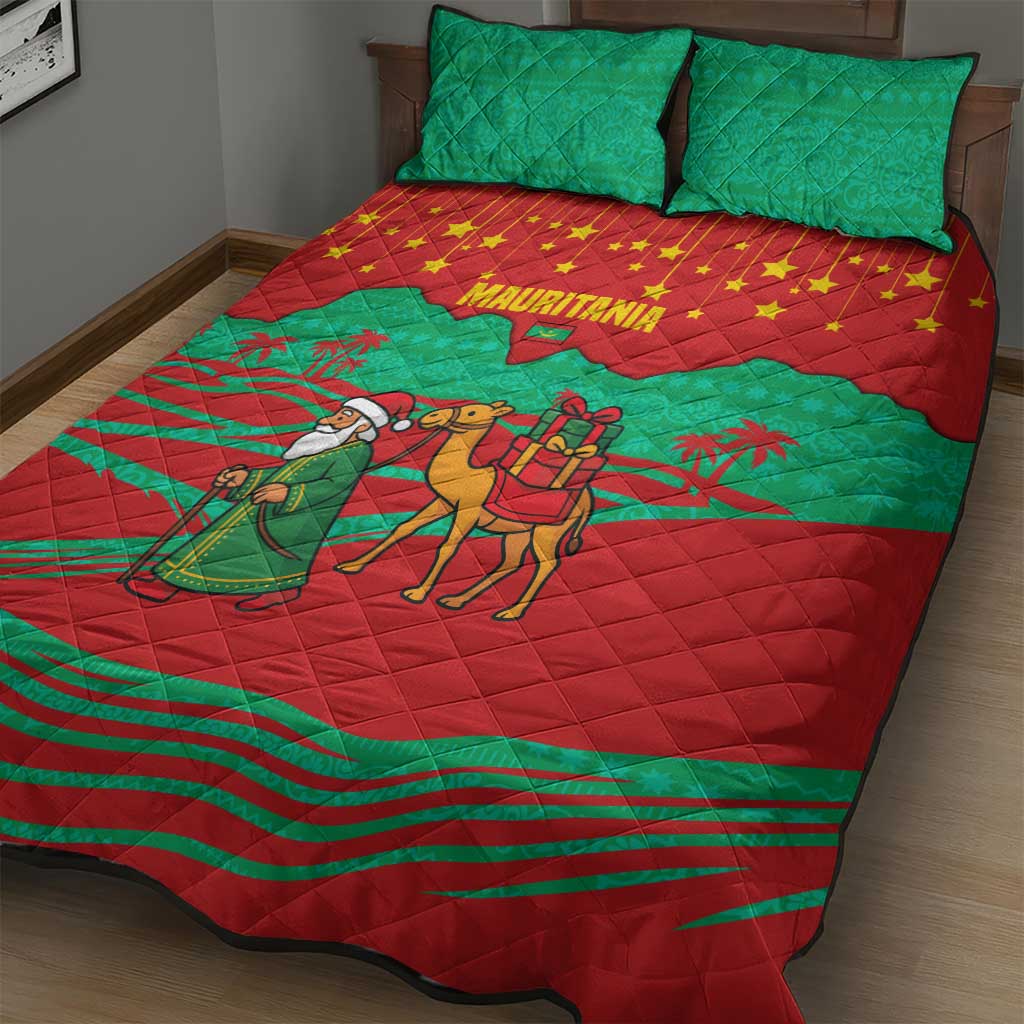 Mauritania Christmas Quilt Bed Set Santa Claus Camel Gift Boxes Starry Sky and Desert - African Pride