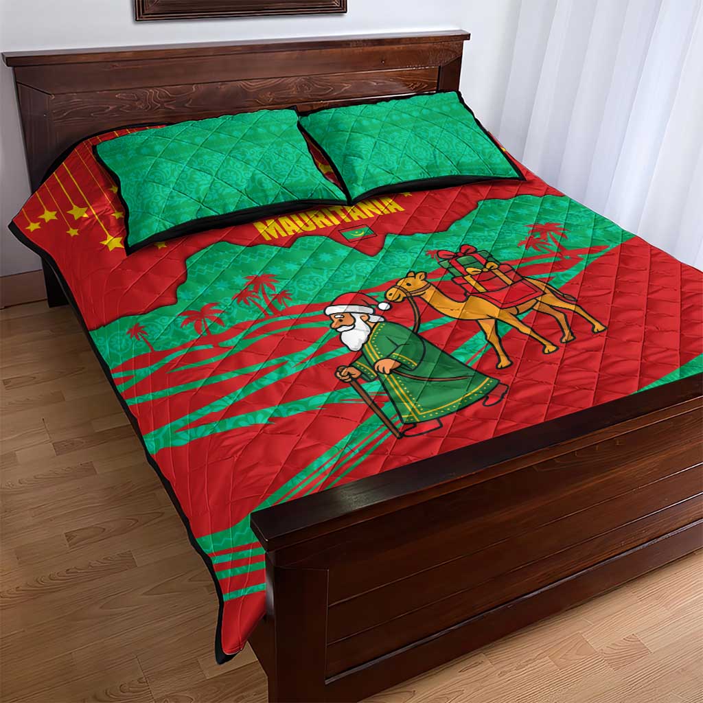 Mauritania Christmas Quilt Bed Set Santa Claus Camel Gift Boxes Starry Sky and Desert - African Pride