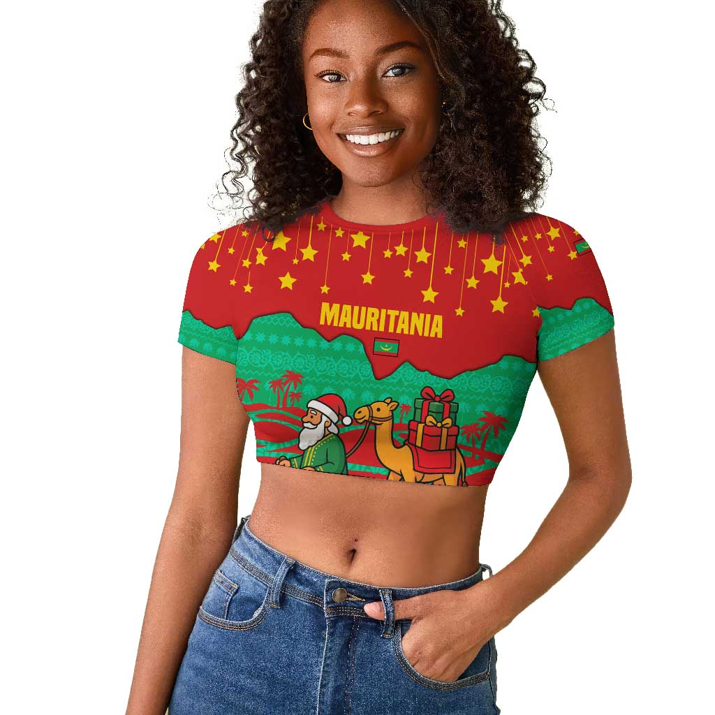 Mauritania Christmas Raglan Cropped T shirt Santa Claus Camel Gift Boxes Starry Sky and Desert - African Pride