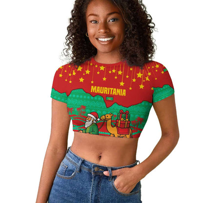 Mauritania Christmas Raglan Cropped T shirt Santa Claus Camel Gift Boxes Starry Sky and Desert - African Pride