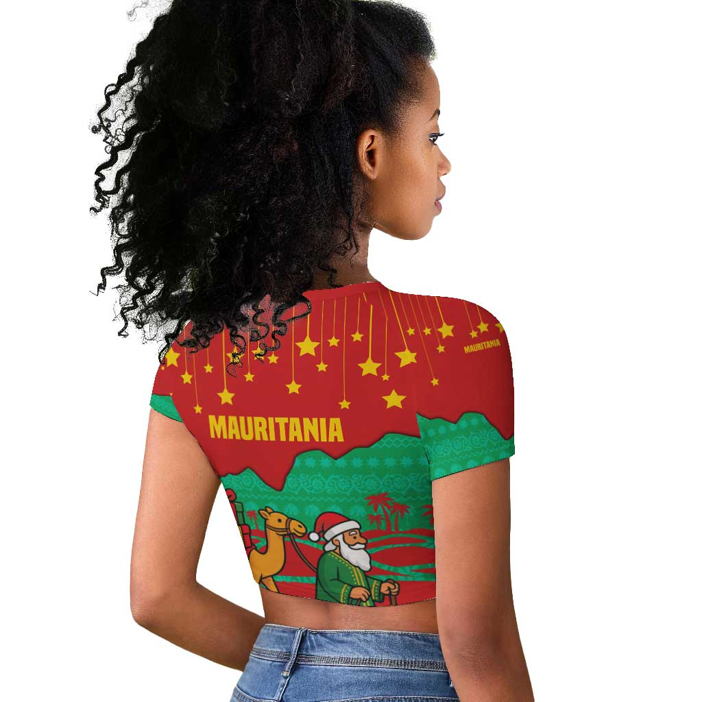 Mauritania Christmas Raglan Cropped T shirt Santa Claus Camel Gift Boxes Starry Sky and Desert - African Pride