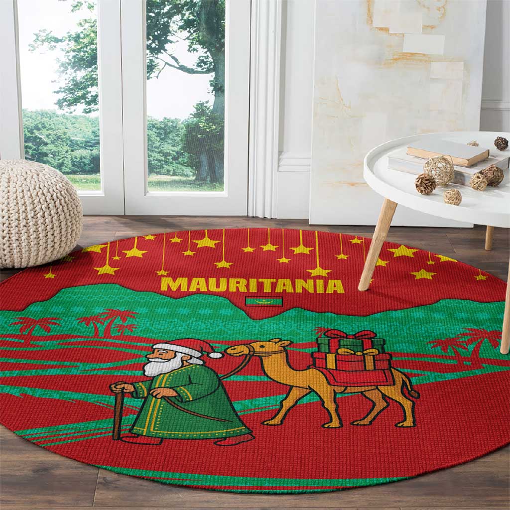 Mauritania Christmas Round Carpet Santa Claus Camel Gift Boxes Starry Sky and Desert - African Pride