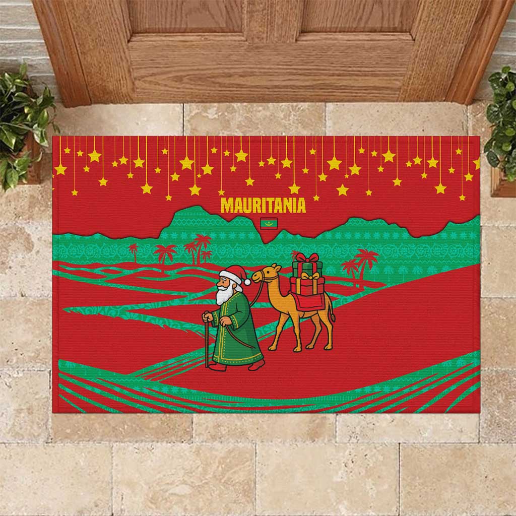 Mauritania Christmas Rubber Doormat Santa Claus Camel Gift Boxes Starry Sky and Desert - African Pride