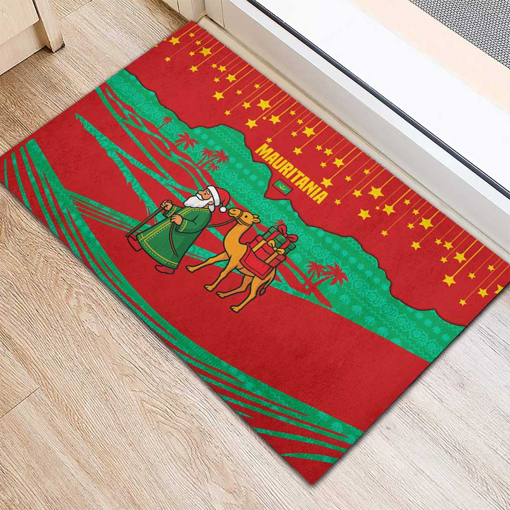 Mauritania Christmas Rubber Doormat Santa Claus Camel Gift Boxes Starry Sky and Desert - African Pride