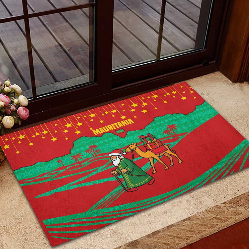 Mauritania Christmas Rubber Doormat Santa Claus Camel Gift Boxes Starry Sky and Desert - African Pride