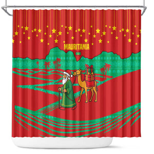 Mauritania Christmas Shower Curtain Santa Claus Camel Gift Boxes Starry Sky and Desert - African Pride