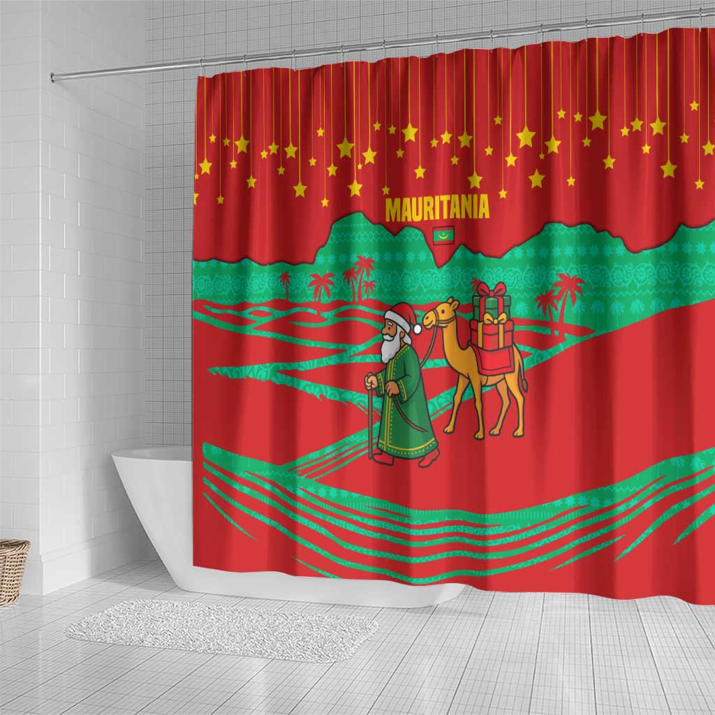 Mauritania Christmas Shower Curtain Santa Claus Camel Gift Boxes Starry Sky and Desert - African Pride