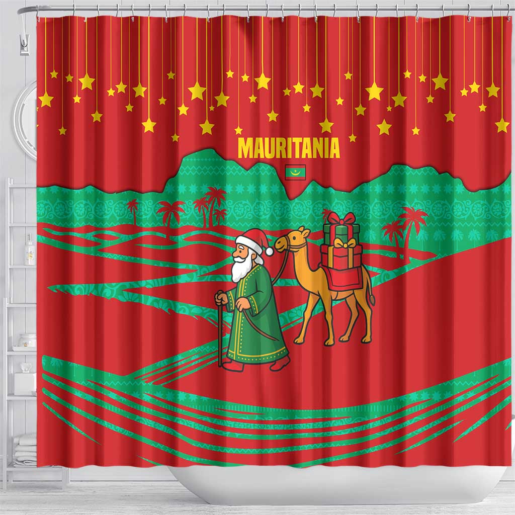 Mauritania Christmas Shower Curtain Santa Claus Camel Gift Boxes Starry Sky and Desert - African Pride