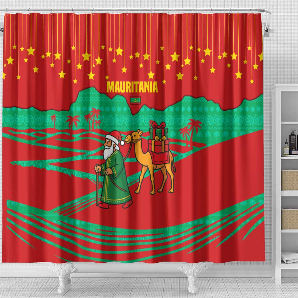 Mauritania Christmas Shower Curtain Santa Claus Camel Gift Boxes Starry Sky and Desert - African Pride