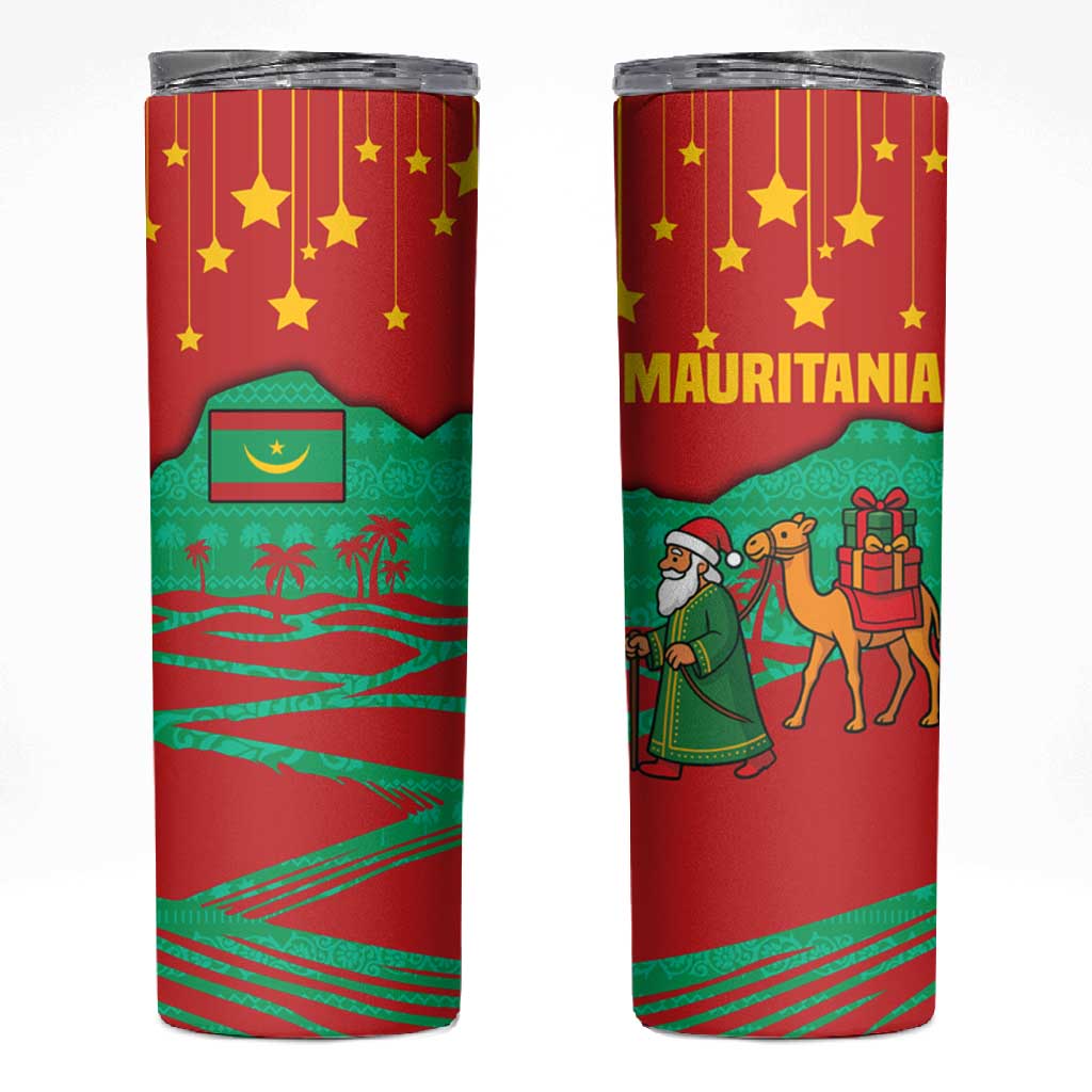 Mauritania Christmas Skinny Tumbler Santa Claus Camel Gift Boxes Starry Sky and Desert - African Pride