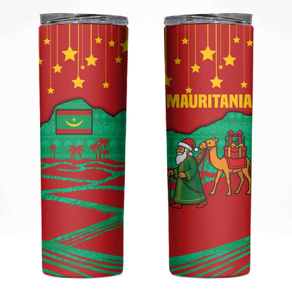Mauritania Christmas Skinny Tumbler Santa Claus Camel Gift Boxes Starry Sky and Desert - African Pride