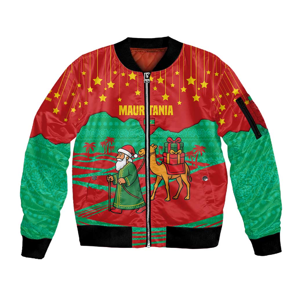 Mauritania Christmas Sleeve Zip Bomber Jacket Santa Claus Camel Gift Boxes Starry Sky and Desert - African Pride
