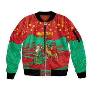 Mauritania Christmas Sleeve Zip Bomber Jacket Santa Claus Camel Gift Boxes Starry Sky and Desert - African Pride