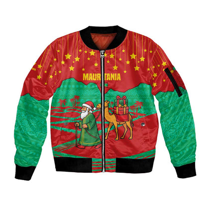 Mauritania Christmas Sleeve Zip Bomber Jacket Santa Claus Camel Gift Boxes Starry Sky and Desert - African Pride