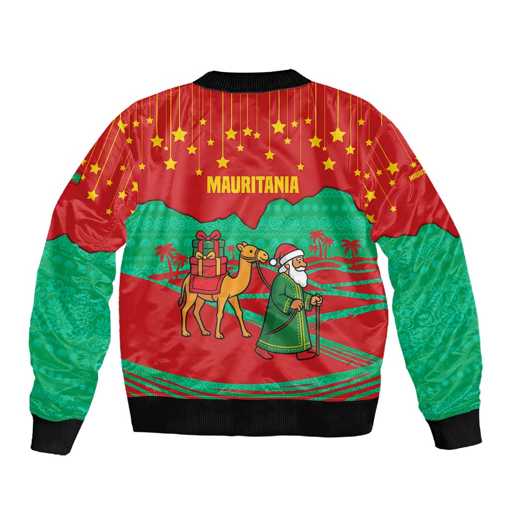 Mauritania Christmas Sleeve Zip Bomber Jacket Santa Claus Camel Gift Boxes Starry Sky and Desert - African Pride