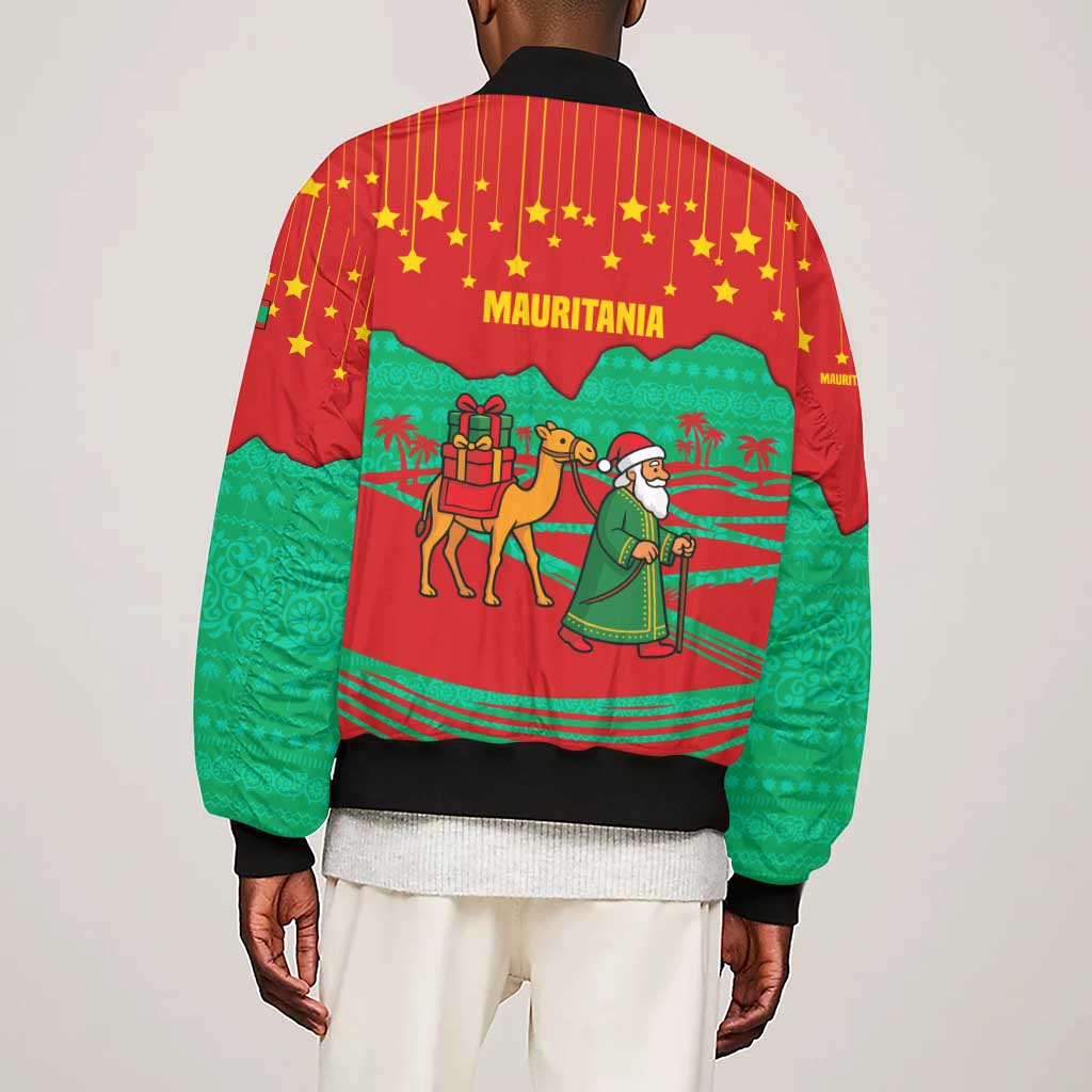 Mauritania Christmas Sleeve Zip Bomber Jacket Santa Claus Camel Gift Boxes Starry Sky and Desert - African Pride