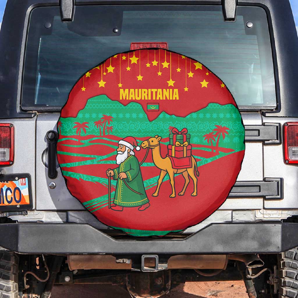 Mauritania Christmas Spare Tire Cover Santa Claus Camel Gift Boxes Starry Sky and Desert - African Pride