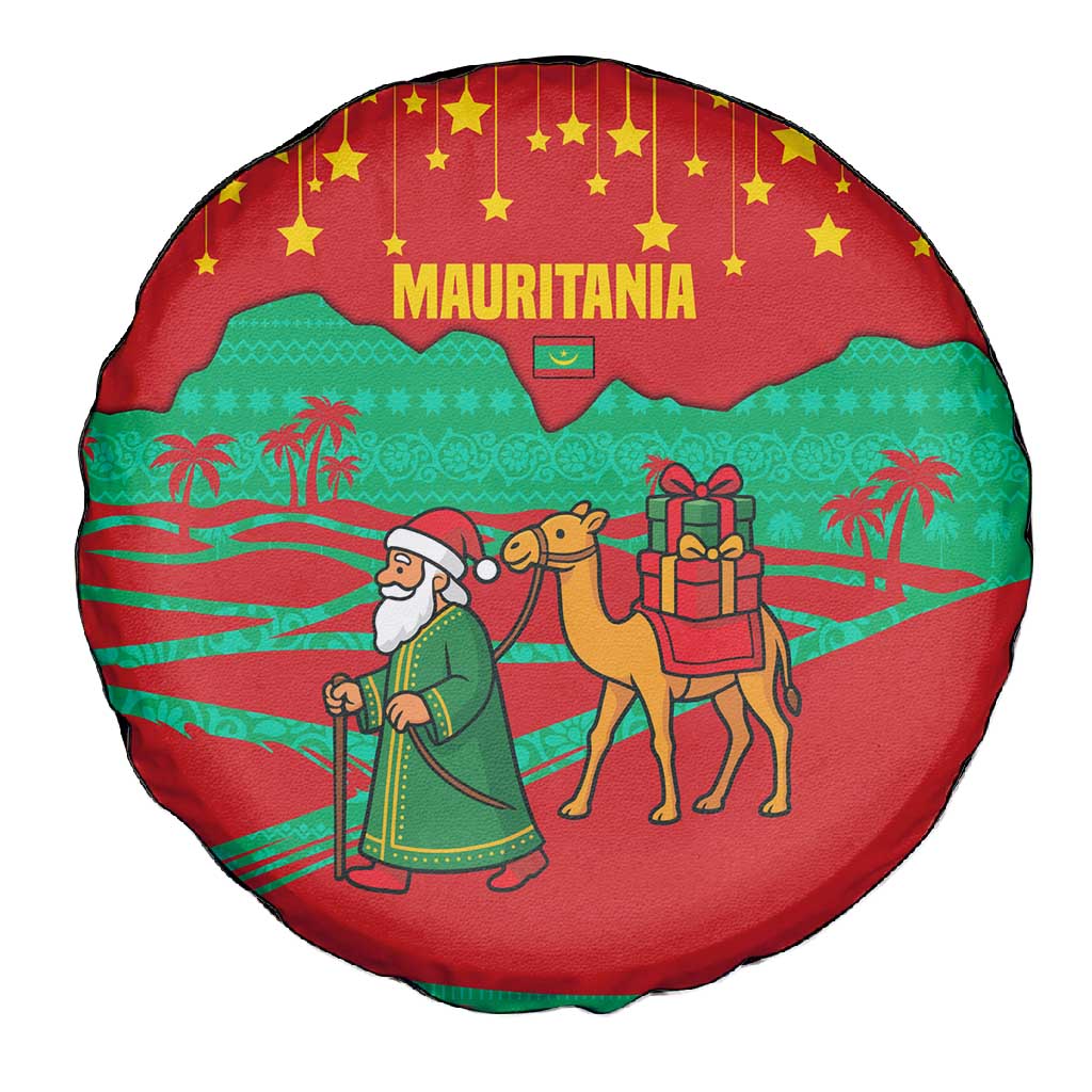 Mauritania Christmas Spare Tire Cover Santa Claus Camel Gift Boxes Starry Sky and Desert - African Pride