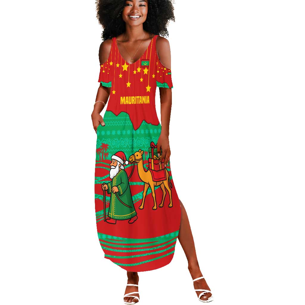 Mauritania Christmas Summer Maxi Dress Santa Claus Camel Gift Boxes Starry Sky and Desert - African Pride