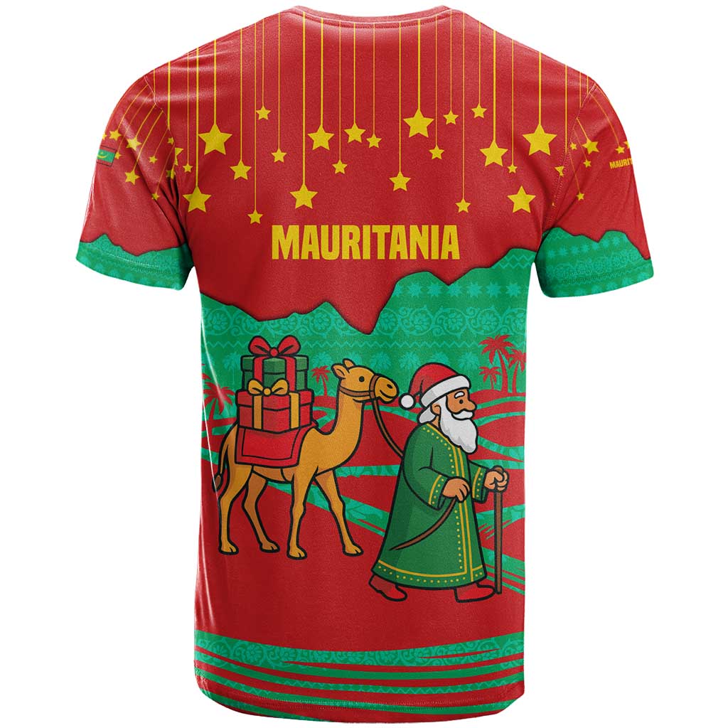 Mauritania Christmas T shirt Santa Claus Camel Gift Boxes Starry Sky and Desert - African Pride
