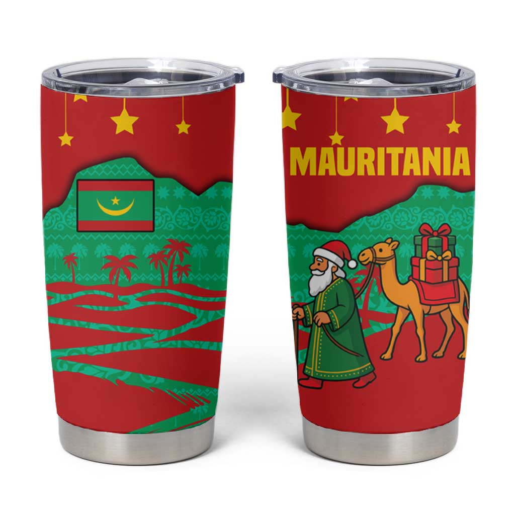 Mauritania Christmas Tumbler Cup Santa Claus Camel Gift Boxes Starry Sky and Desert - African Pride