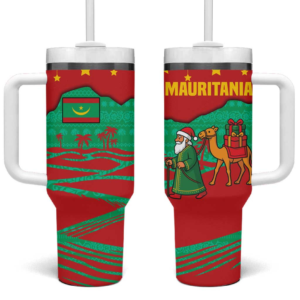 Mauritania Christmas Tumbler With Handle Santa Claus Camel Gift Boxes Starry Sky and Desert - African Pride
